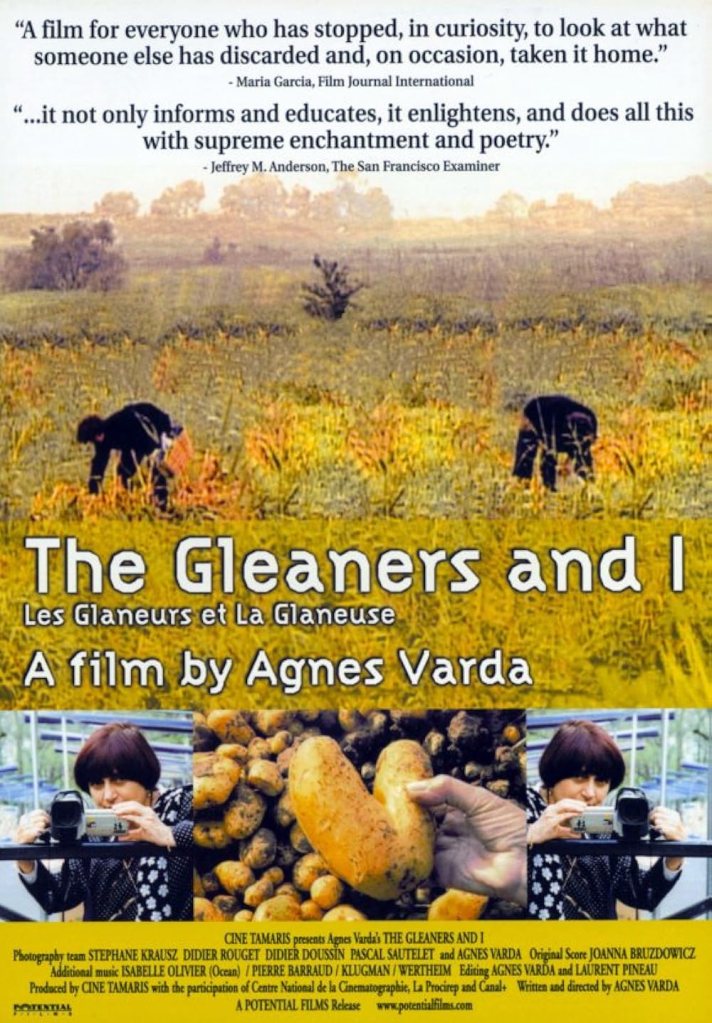 The movie poster showing two people bent down in a field, picking something up. Below them, we can see an image of Varda herself holding a camera that is mirrored next to an image of a heart-shaped potato.