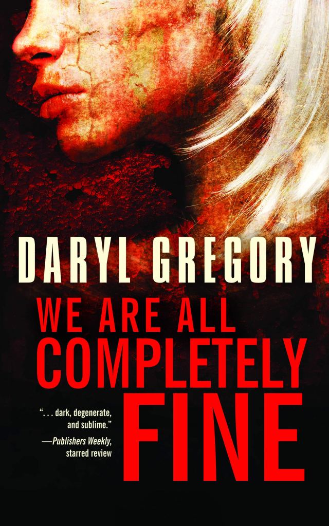 The book cover showing the lower half of a female face in profile, her skin strangely cracked and seemingly dripping in something red.
