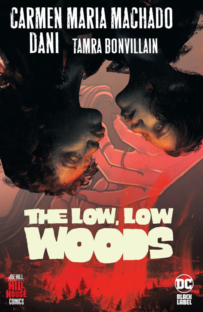 The book cover showing the heads of two women of color upside down, their eyes kind of hazy, zombielike. Below them, a red light, maybe a fire, in the middle of a forest.