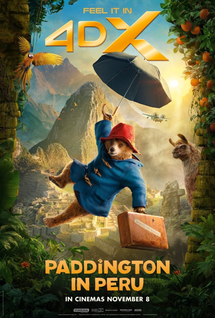The movie poster showing Paddington floating with an umbrelly in front of jungle, mountains and a llama, suitcase in hand.
