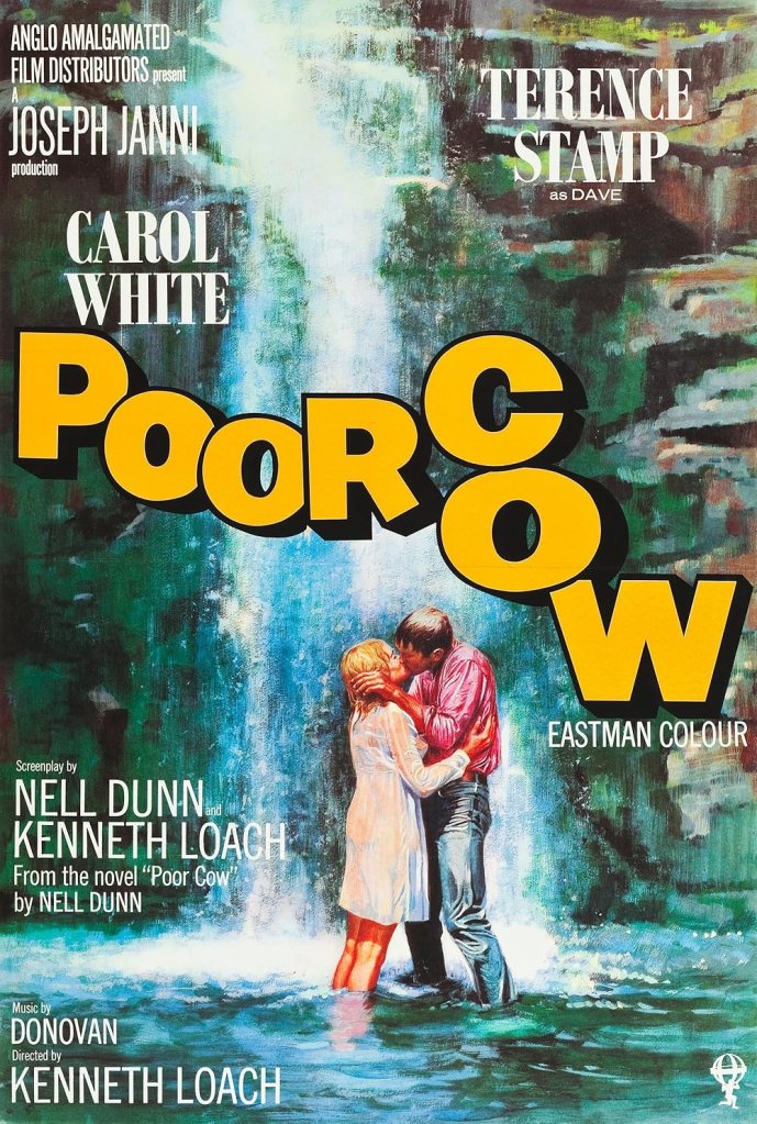 The film poster showing a drawing of Joy (Carol White) and Dave (Terence Stamp) kissing fully clothed but wet next to a waterfall.