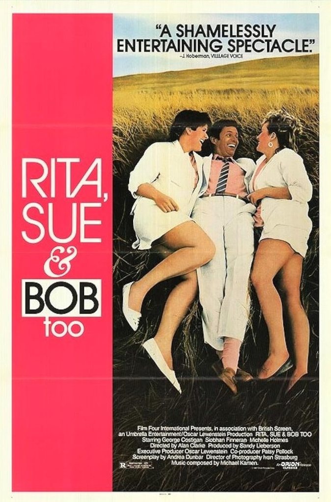 The movie poster showin Rita (Siobhan Finneran), Bob (George Costigan) and Sue (Michelle Holmes) wearing white suits, lying cuddled together in a corn field.