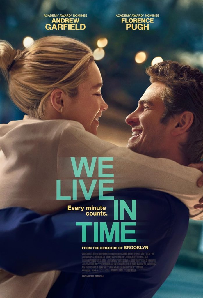 The movie poster showing Almut (Florence Pugh) and Tobias (Andrew Garfield) hugging and smiling as they look at each other.
