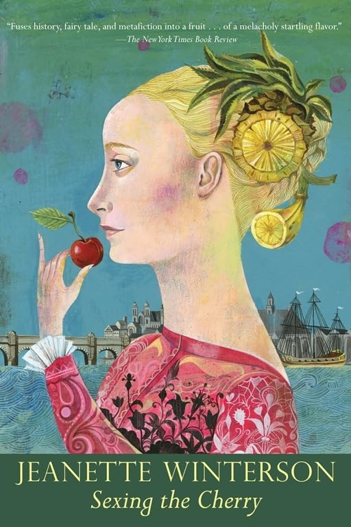 The book cover showing a drawing of a woman in front of water, a bridge and a ship. She has fruit arranged in her hair and is holding a cherry to her lips. 