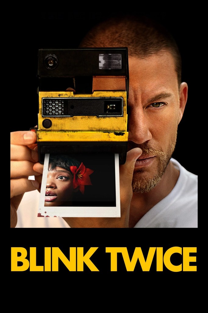 The film poster showing Slater (Channing Tatum) taking a picture with a polaroid camera. The picture that emerges from the camera shows Frida (Naomi Ackie), a red flower in her hair and tears in her eyes, looking horrified.
