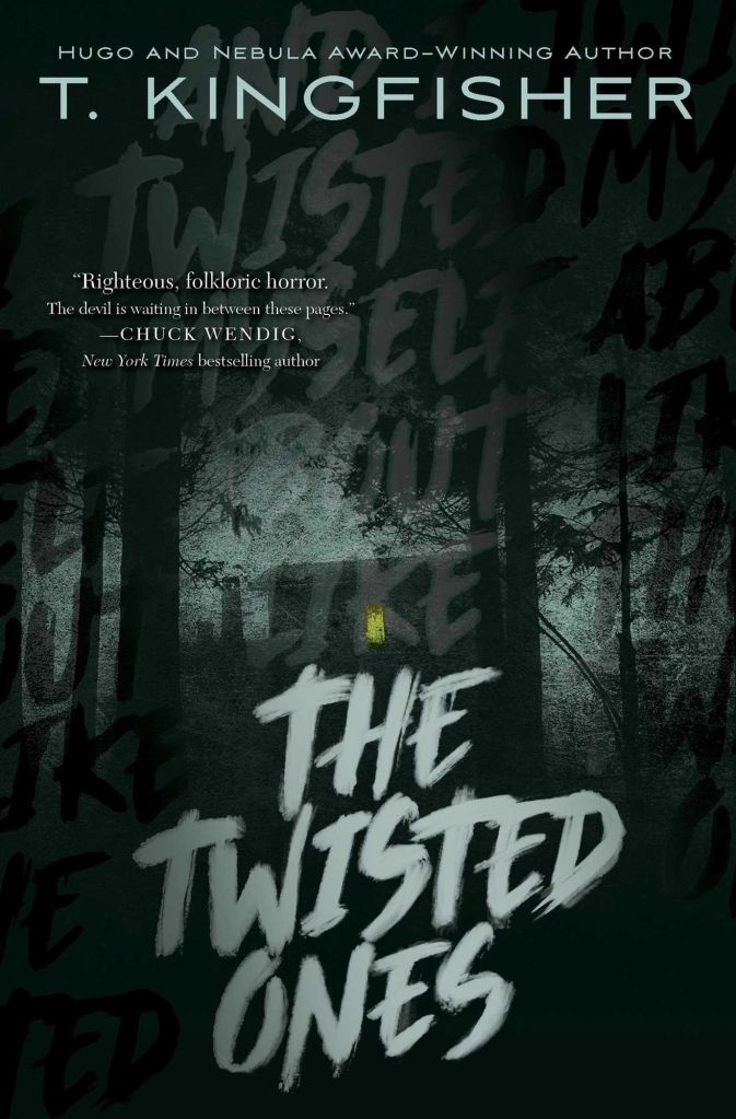 The book cover showing a cabin in the woods. The image is mostly balck with a little gray, only the window glows yellow. There is a quote from the book laid over the image that is barely legible and often repeated. It says "and I twisted myself about like the twisted ones", the last three words - the book title - are white and legible. 