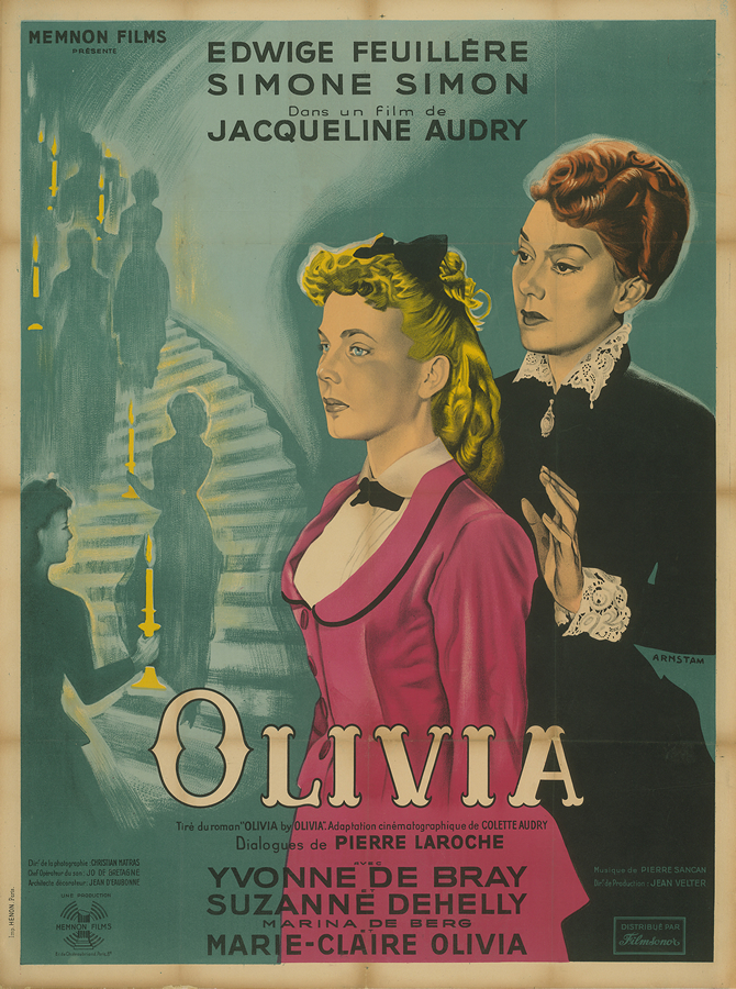 The movie poster showing Olivia (Marie-Claire Olivia), Julie (Edwige Feuillère) standing behind her, her hand outstretched, almost touching Olivia. Behind them we can see silhouettes of women holding candlesticks, walking up the stairs.