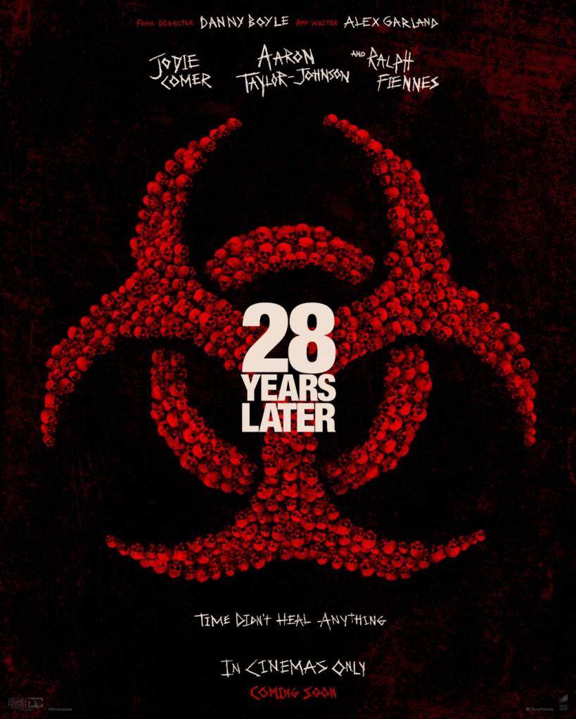 The movie poster with the "toxic" symbol made up of red skulls.