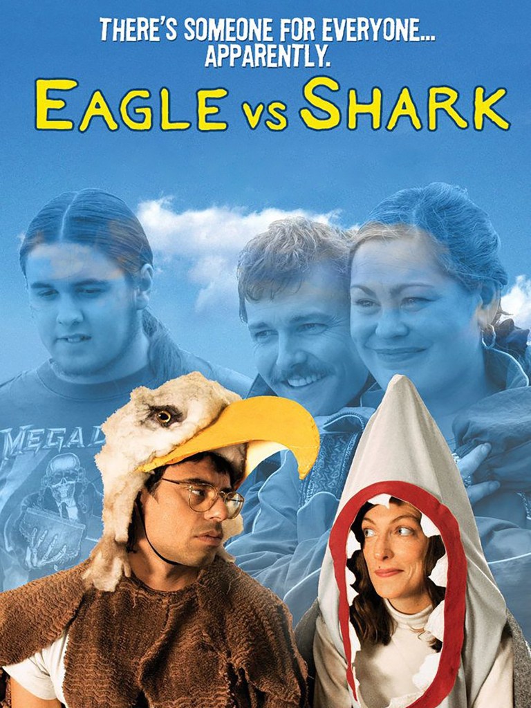The movie poster showing Jarrod (Jemaine Clement), dressed as an eagle, and Lily (Loren Taylor), dressed as a shark, looking at each other.