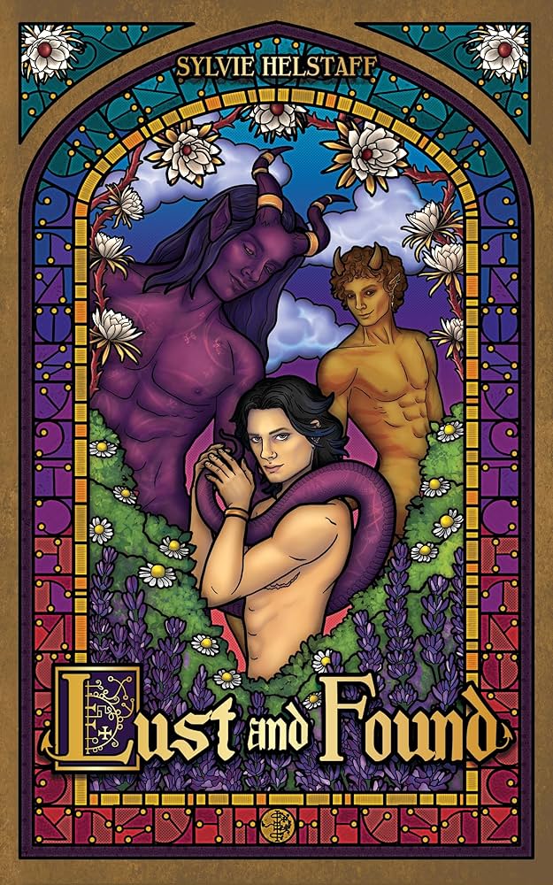 The book cover showing the three main characters - a purple demon, a bronze demon and a human with top surgery scars - in a style like a stained glass window. They are all naked.