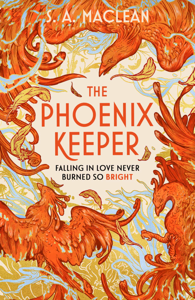 The book cover with three red-golden phoenixes and a few yellow feathers arranged in an ornate formation that is reminiscent of old wallpaper.