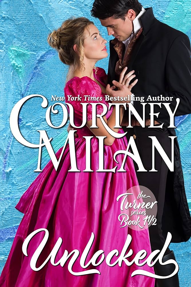 The book cover showing a man and a woman leaning into each other, almost kissing, wearing 19th century clothes.