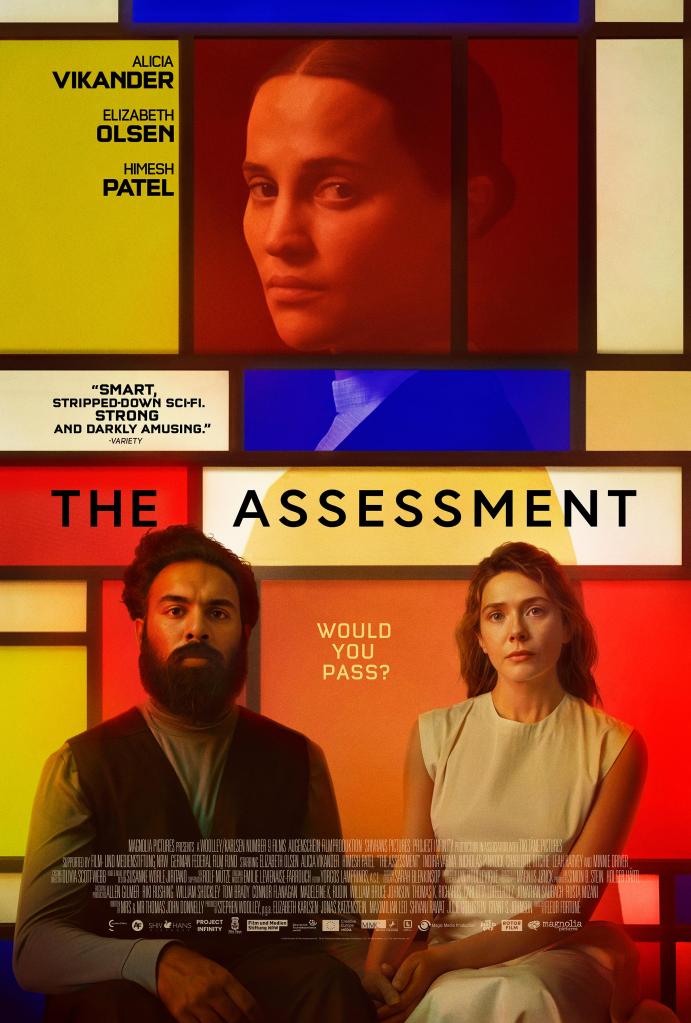 The movie poster showing Virginia's (Alicia Vikander) profile in a colorful window above and behind Aaryan (Himesh Patel) and Mia (Elizabeth Olsen).
