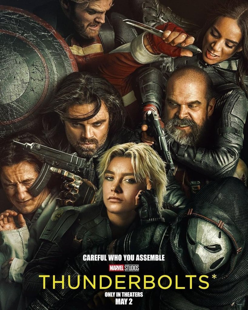 The movie poster showing the main team, including Bob, crammed together tightly, pointing various weapons. In the center, there's Yelena (Florence Pugh) looking somewhat bored, unimpressed.