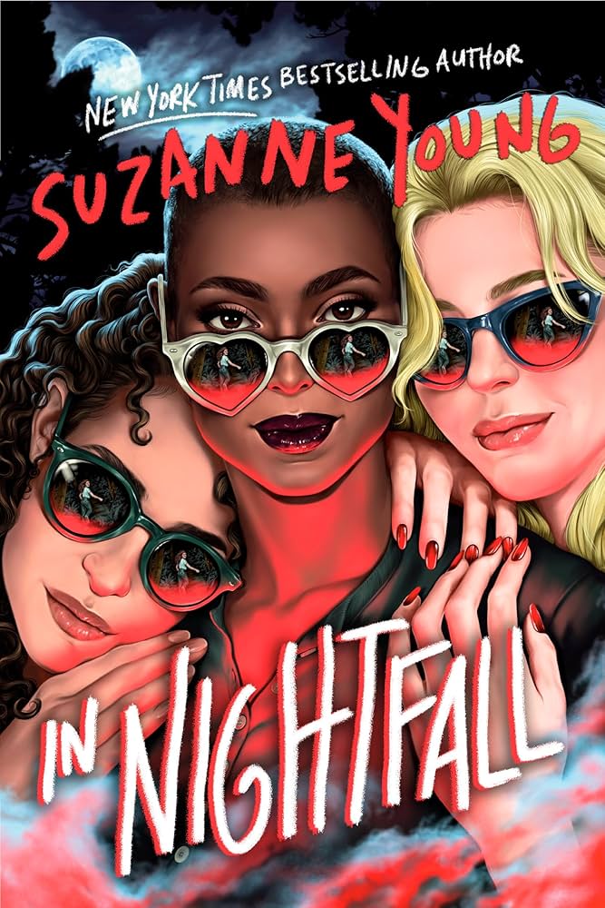 The book cover showing three beautiful, young women with heart-shaped glasses. In the glasses, we can see the reflection of another girl running away.