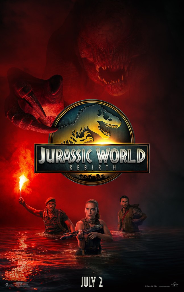 The movie poster showing Zora (Scarlett Johannsson), Henry (Jonathan Bailey) and Duncan (Mahershala Ali) wading through hip-high water. Behind them is a giant hybrid dinosaur extending a clawed front paw.