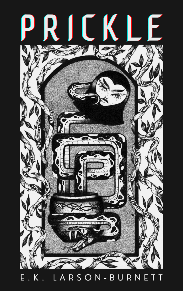 The book cover in black and white that shows a matriochka doll with a septum piercing. The doll is opened and a snake is angularly winding beween the two parts.