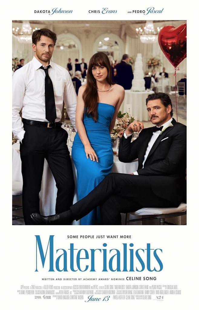 The movie poster showing Lucy (Dakota Johnsoin) leaning against a table at a wedding. On her right side stands John (Chris Evans) and on her left sits Harry (Pedro Pascal). 