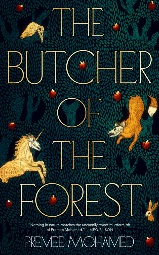 The book cover showing an illutration of a forest with candles that look like apples or the other way round. There is bird, a fox, a unicorn and a har, their heads just skulls. 