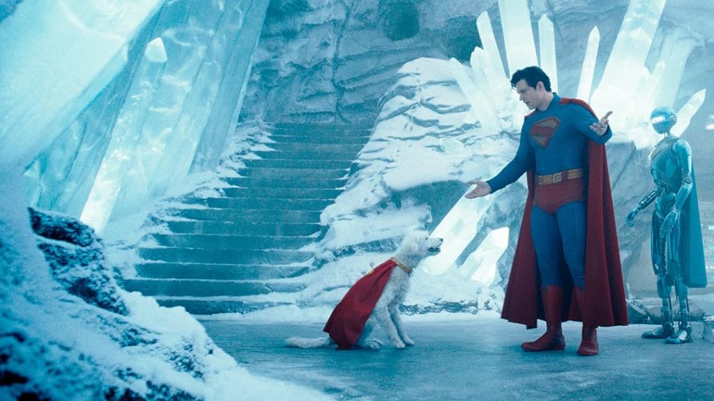 Superman (David Corenswet) arguing with superdog Krypto.