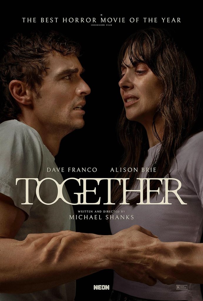 The movie poster showing Tim (Dave Franco) and Millie (Alison Brie) looking at each other in a very stressed out way, their hands kind of melting into each other.