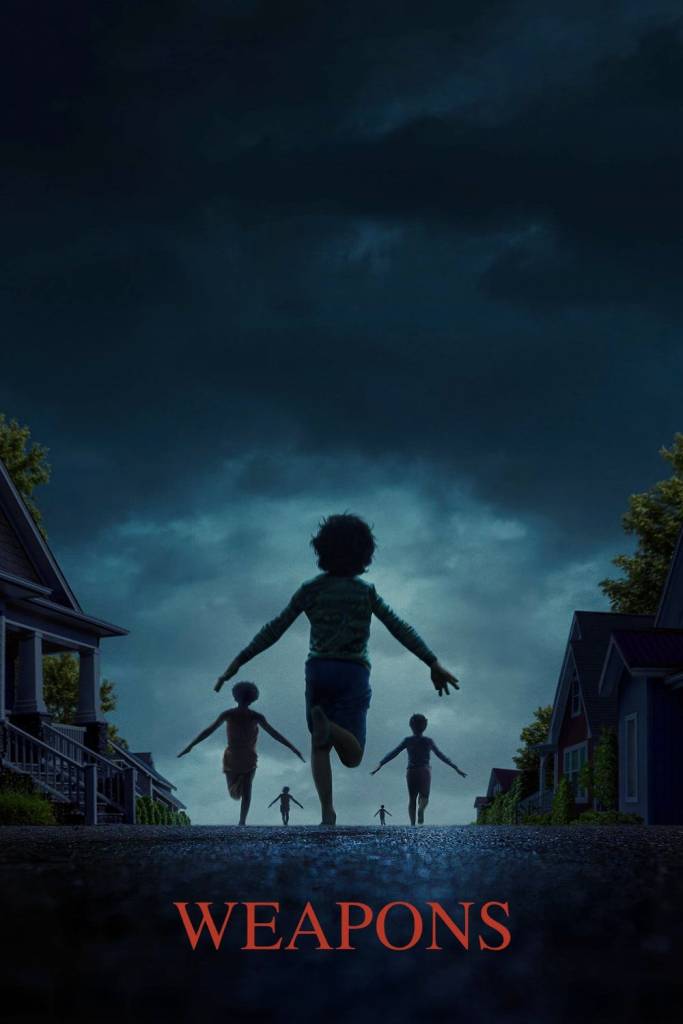 The film poster showing five children running away from the camera along an empty street at night. They have their arms stretched behind them.