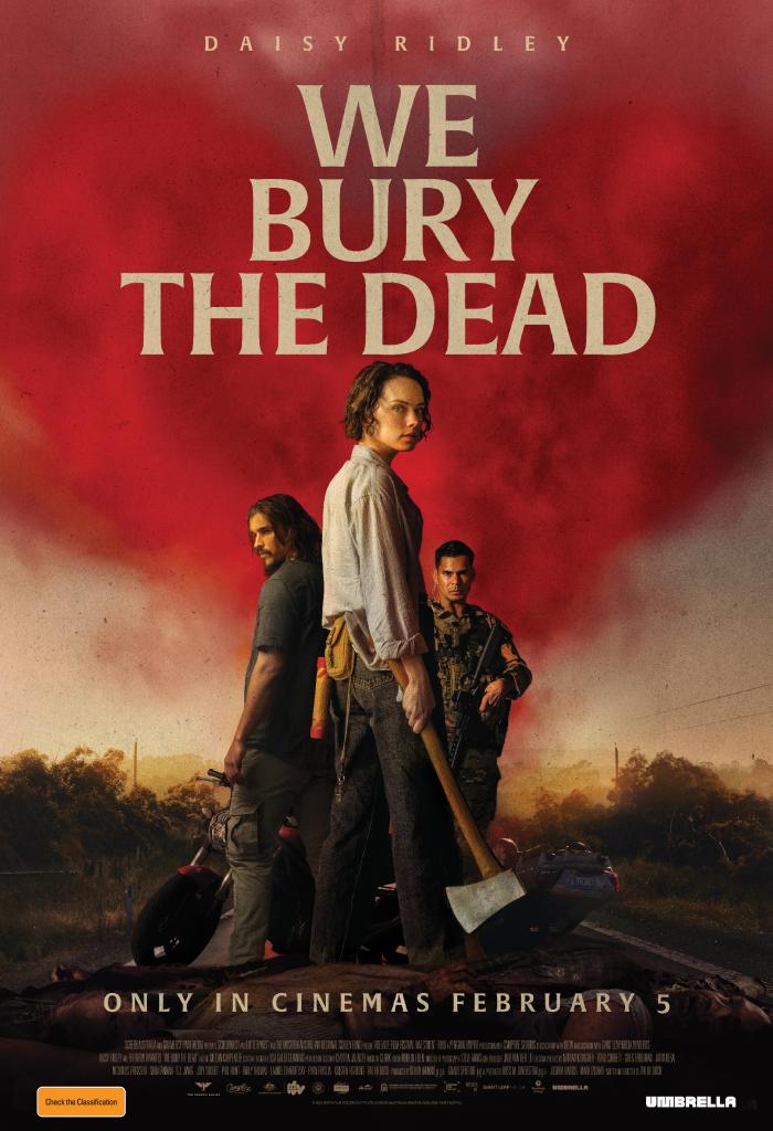 The movie poster showing Ava (Daisy Ridley) looking over her shoulder, an axe in her hand. Behind her are Clay (Brenton Thwaites) and Riley (Mark Coles Smith). There is a red cloud that covers the sky.