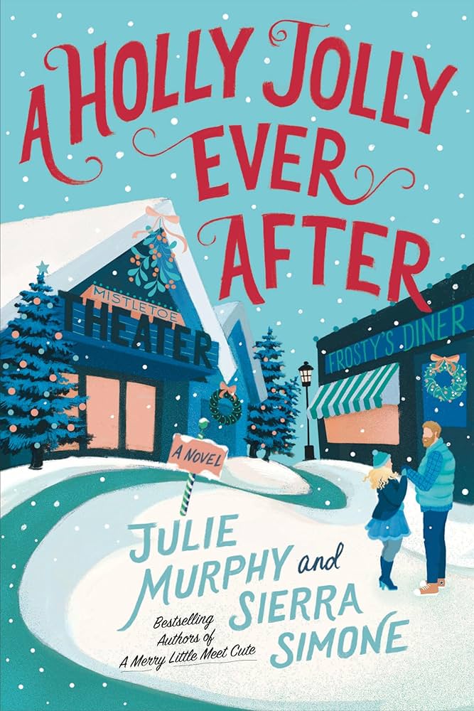 The book cover showing a snowy town with a cinema and a diner. In front of the diner, a woman and a man ar holding hands, looking at each other.