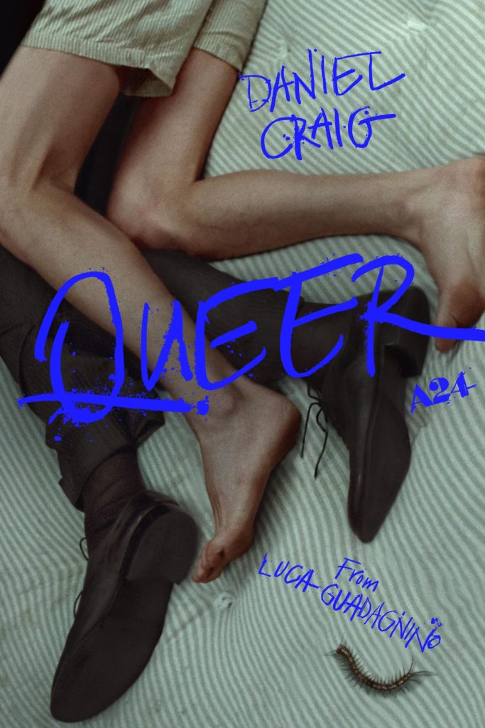 The film poster showing two pairs of legs, one fully clothed and with shoes, the other naked except for boxers spooning on a bed. A millipede is on the bed as well.