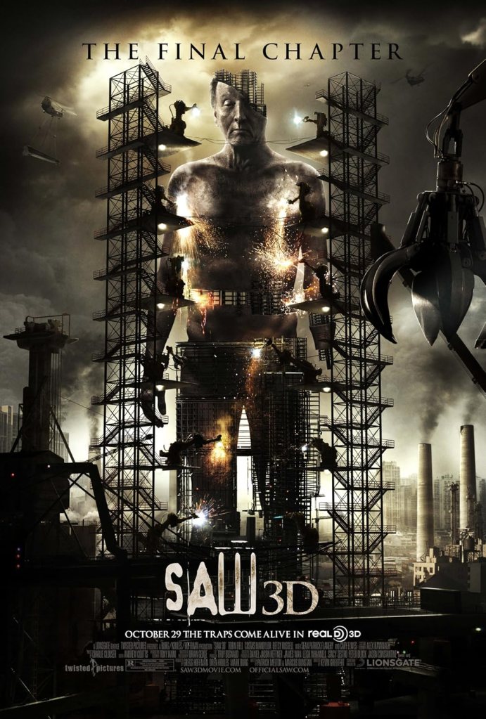 The movie poster showing a giant metal Jigsaw (Tobin Bell) being constructed. 