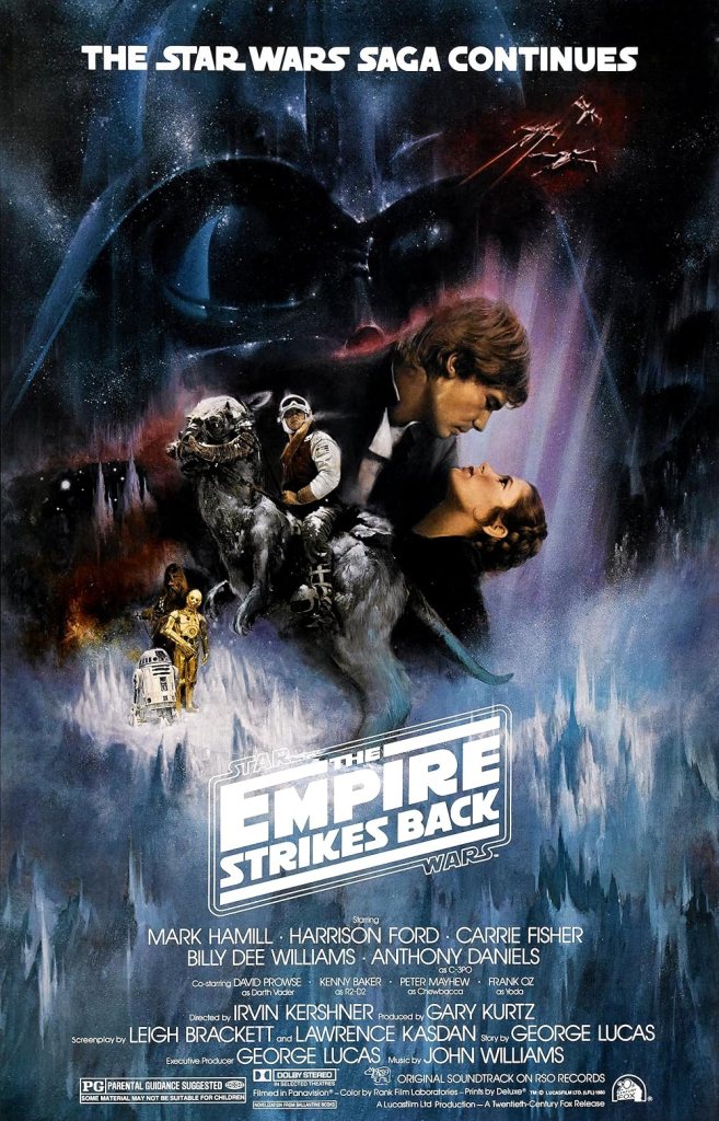 The movie poster showing Luke (Mark Hamill) riding on an alien animal, Han (Harrison Ford) holding Leia (Carrie Fisher), leaning over her. A giant Darth Vader helmet can be seen in the galaxy background behind them, as well as a small Chewbacca, C-3PO and R2D2.