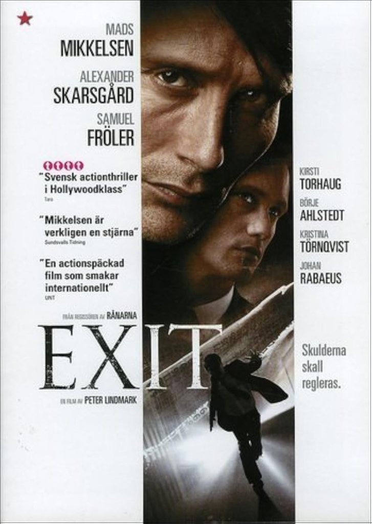 The movie poster showing close-ups of Thomas (Mads Mikkelsen) and Fabian (Alexander Skarsgård) above a silhouette of a running man in a suit.