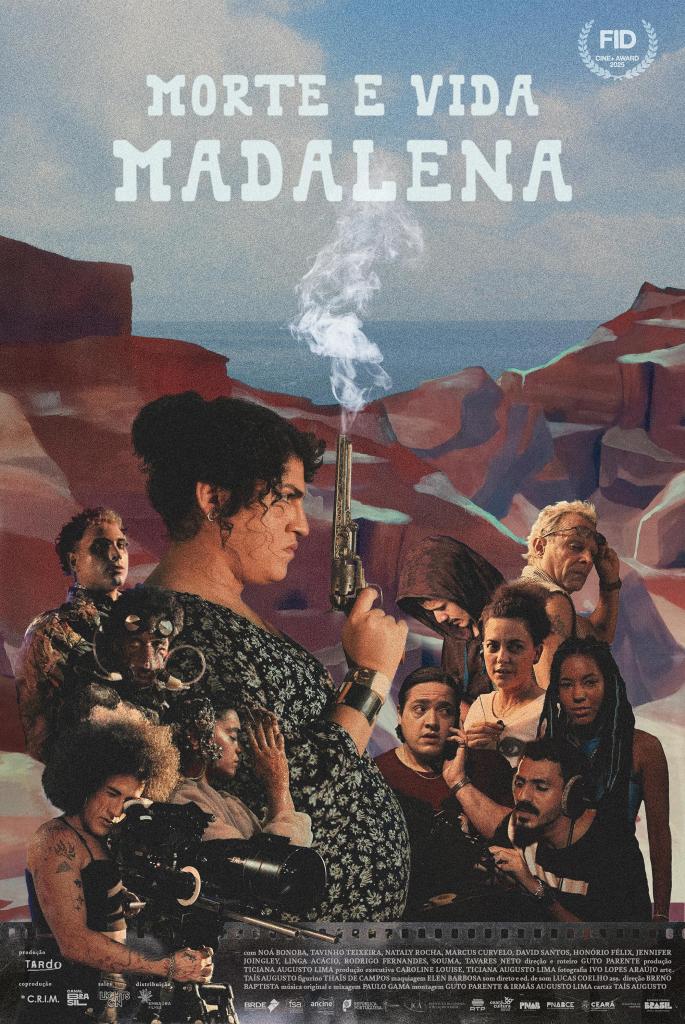 The film poster showing Madalena (Noá Bonoba) holding a smoking revolver in front of a painted background as well as several characters from the film.