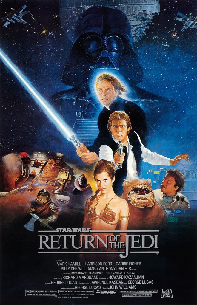 The movie poster showing Luke (Mark Hamill) wielding a light saber, Han (Harrison Ford) pointing a gun and Leia (Carrie Fisher) in a bikini next to various other characters in the film. Behind them is an almost finished death star, as well as a Darth Vader helmet.