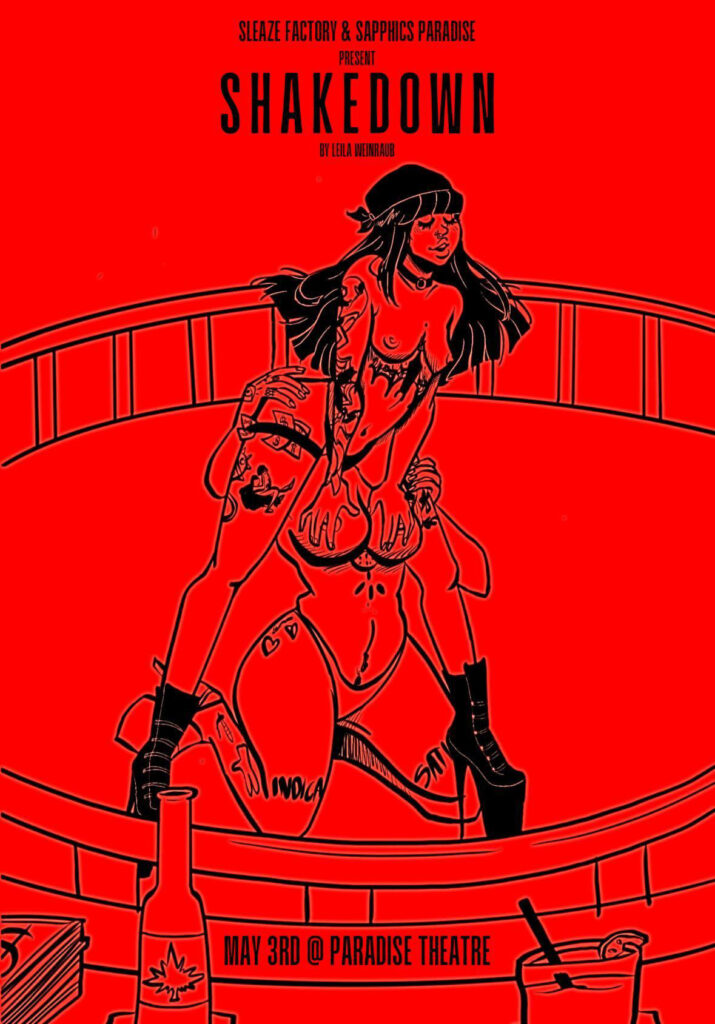 Th emovie poster showing a drawing of two women in an arena. One is kneeling on the floor and eating out the other from behind. The standing woman is holding on to the kneeling one's breasts. They are wearing thongs and high boots, one has a garter with dollar bills.