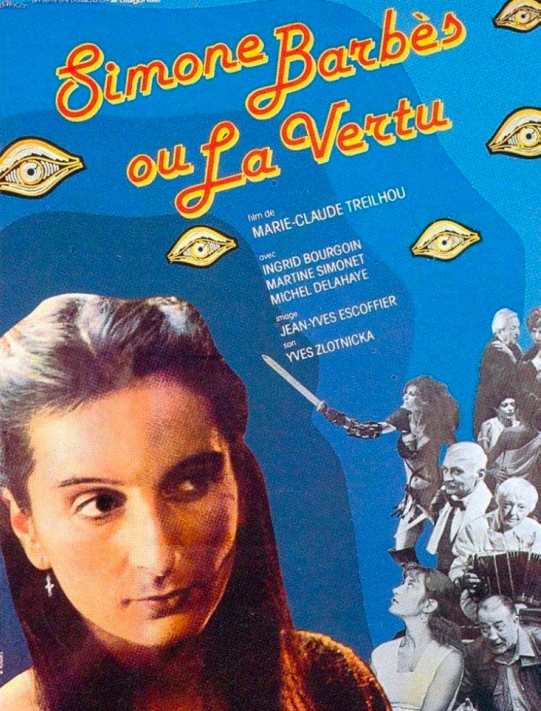 The movie poster showing Simone (Ingrid Bourgoin) looking critical next to a collage of several other characters from the film. She is in color, the rest are black-and-white.