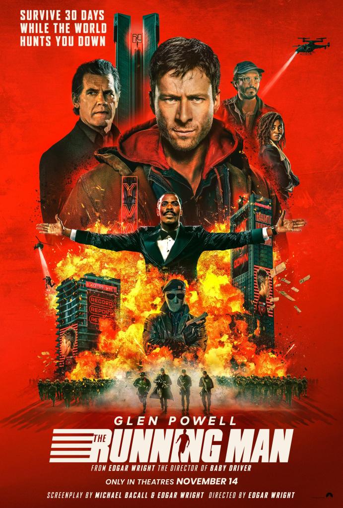 The movie poster showing the main characters of the film arranged in various sizes accoring to their importance over an explosion and a mass f gunmen.
