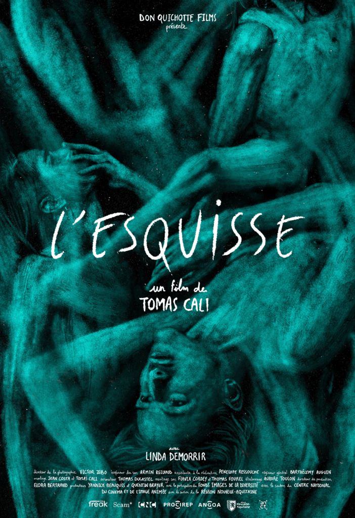 The movie poster showing several drawings of Linda that are overlapping. She holds strange poses. The drawings are green on black. 