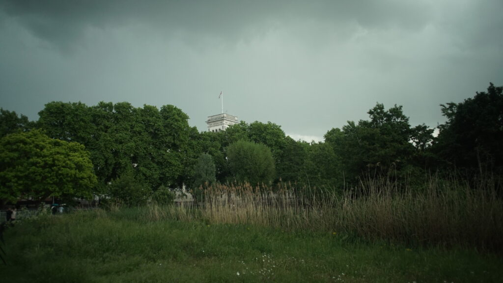 The roof of a tower of a country estate seen over the top of some trees. 