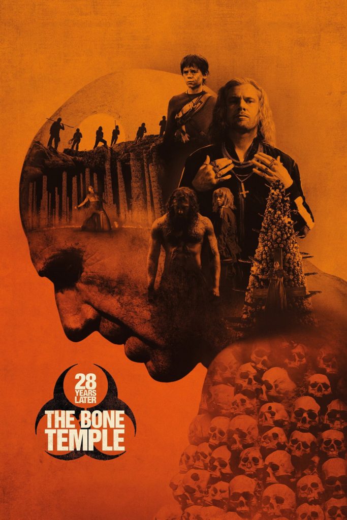 The movie poster in orange and black, showing the shape of Kelson's (Ralph Fiennes) head filles with skulls and characters from the movie. 