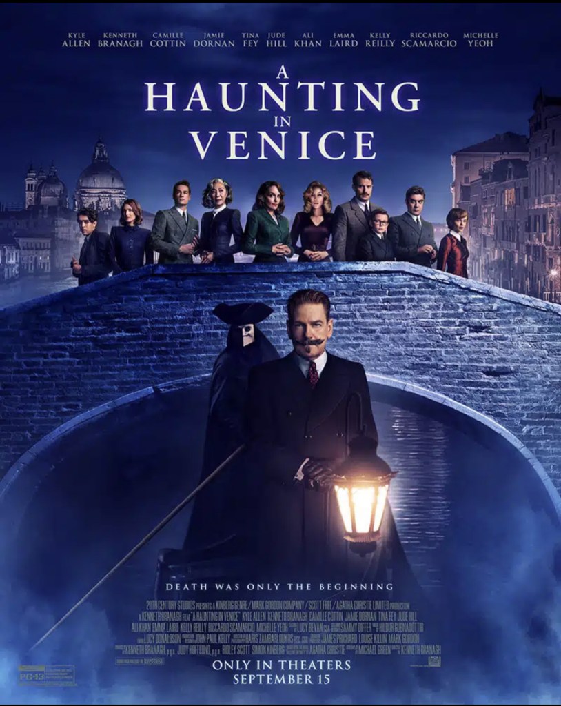 The movie poster showing Hercule Poirot (Kenneth Branagh) standing on a Venetian gondola with a masked figure steering behind him. They are in front of a bridge with the other main characters. 