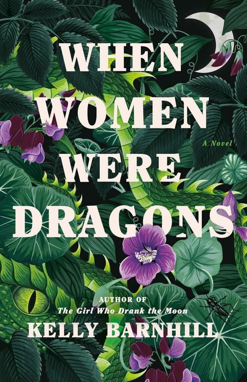 The book cover showing a dragon just peeking through thick foliage with a few purple flowers. 
