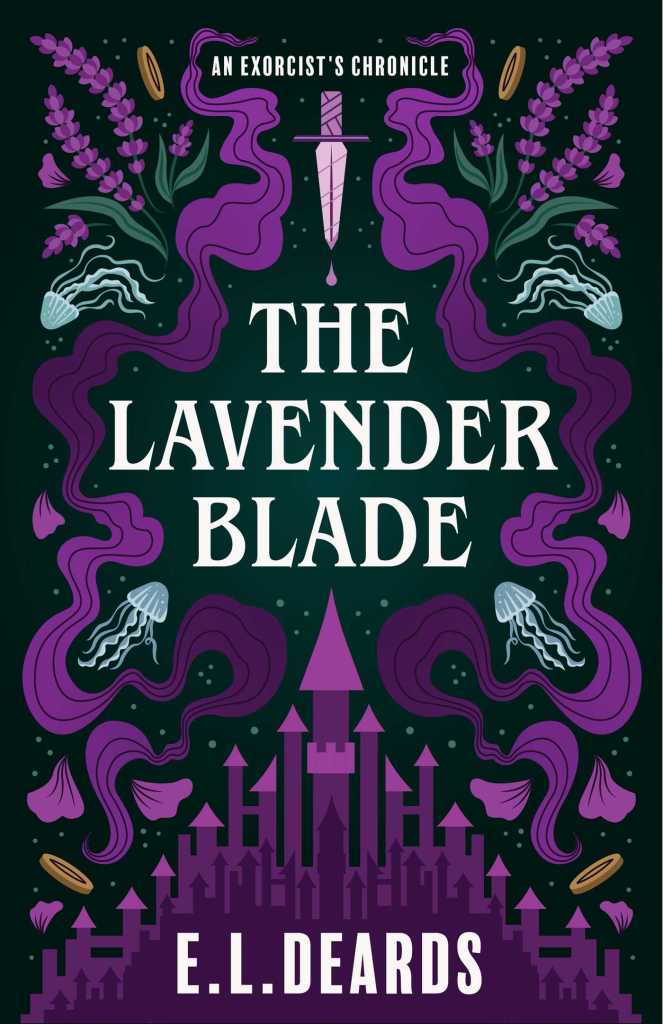 The book cover showing a graphic that is mirrored left to right. It shows a purple city on a black background, as well as lavender blossoms, jellyfish and a blade with a single drop of liquid falling from it.