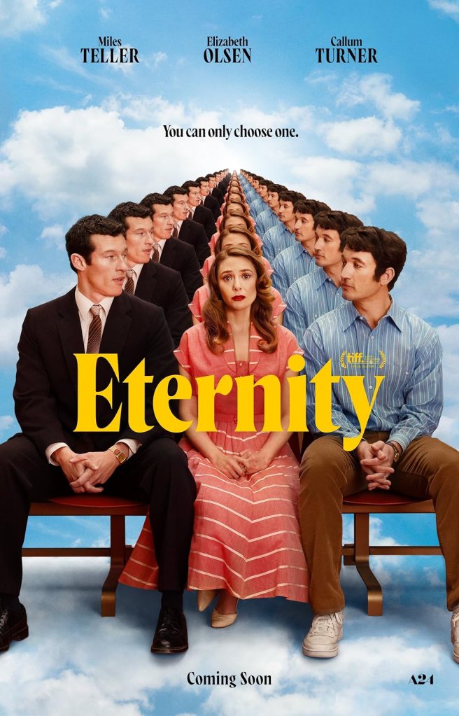 The movie poster showing Joan (Elizabeth Olsen) sitting between Luke (Callum Turner) and Larry (Miles Teller). They are infinitely refracted, stretching into a blue sky with a few white clouds.