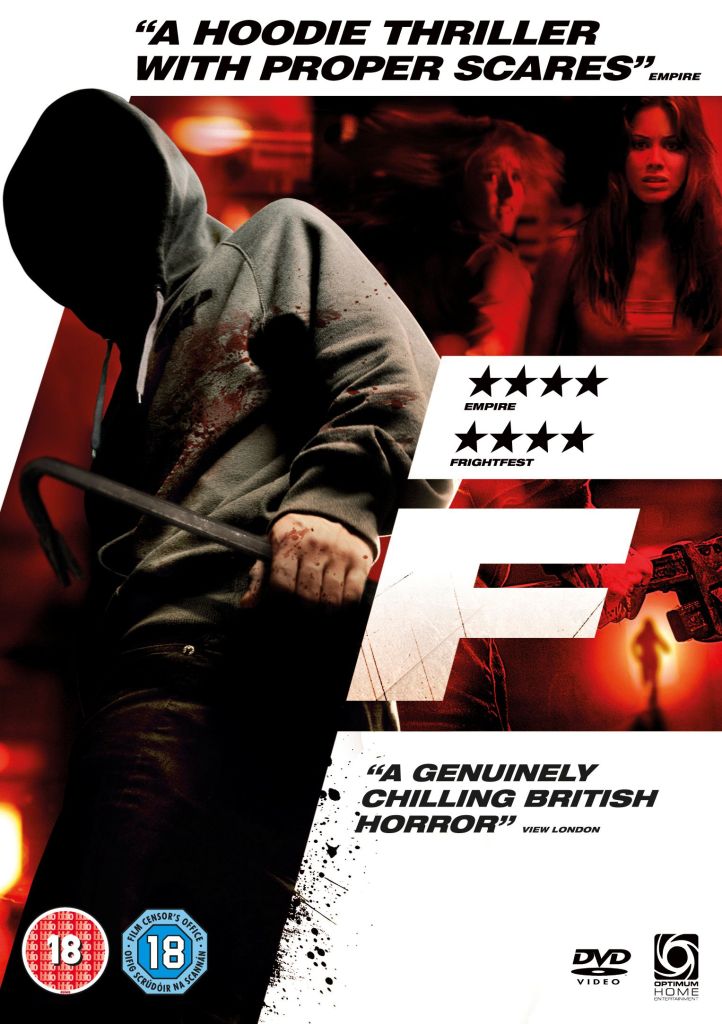 The movie poster showing a person in a hoodie, their face completely obscured, covered in blood and holding a crowbar.