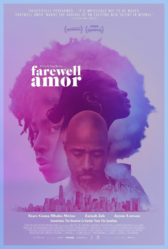 The movie poster showing the heads of Sylvia (Jayme Lawson), Esther (Zainab Jah) and Walter (Ntare Guma Mbaho Mwine) superimposed over each other in pink and blue hues. They are all looking in different directions. Below them is a skyline. 