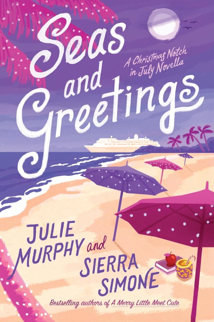 The book cover showing a sand beach with palm trees and umbrellas, with a cruise ship in the back at sea. 