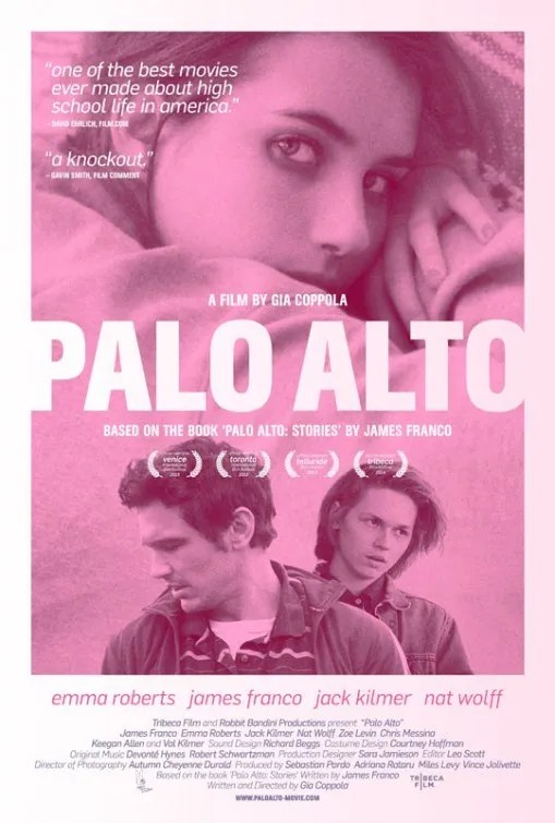 The movie poster showing a close-up of April (Emma Roberts) lying on her belly and looking straight at the camera. Below her we can see Mr B (James Franco) and Teddy (Jack Kilmer) looking in opposite directions. Everyhing is monochromatic pink.