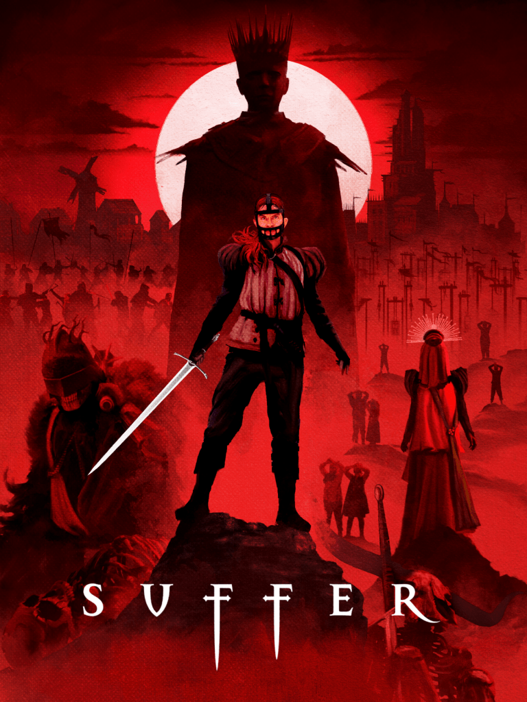 The movie poster showing drawings of Ida, holding a sword, in front of the silhouette of the Scarlet Prince. His deadly knight can be seen, as well as the veiled figure of Queen Emmeline and several people doing the queen's salute, a couple of skeletons and a fighting army. Everything is red and black, except for Ida's sword and the moon rising behind the Prince.