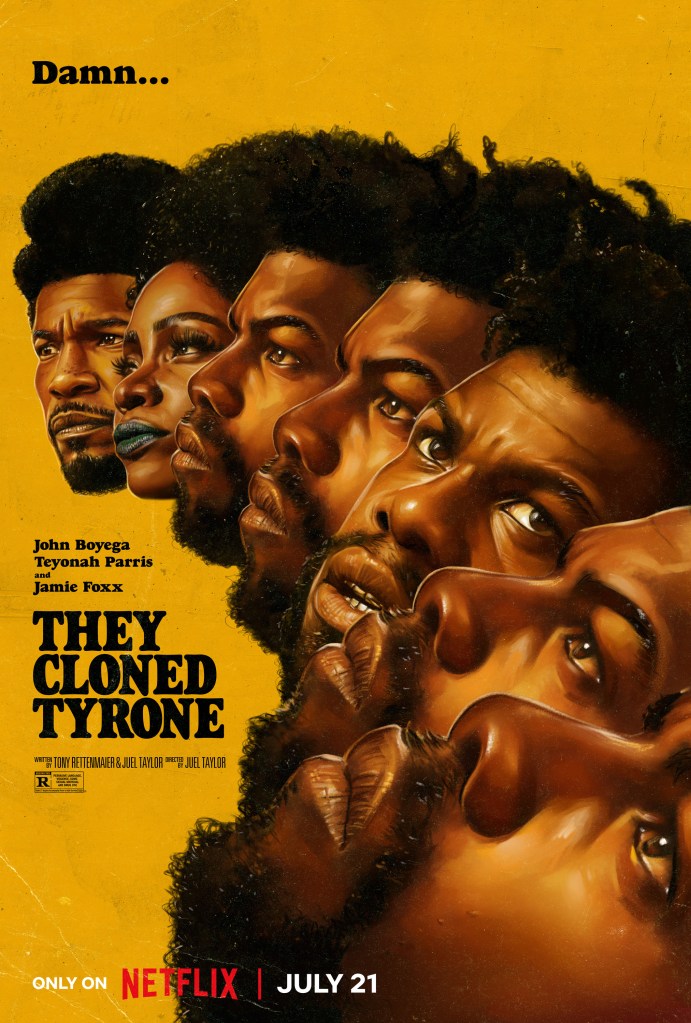 The movie poster showing the heads of Slick Charles (Jamie Foxx), Yo-Yo (Teyonah Parris) and five times the head of Fontaine (John Boyega) arranged like a fan.